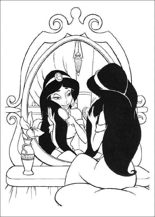 Розмальовки  Принцеса жасмін розчісує волосся. Завантажити розмальовку Жасмин, принцеса.  Роздрукувати ,принцеса,
