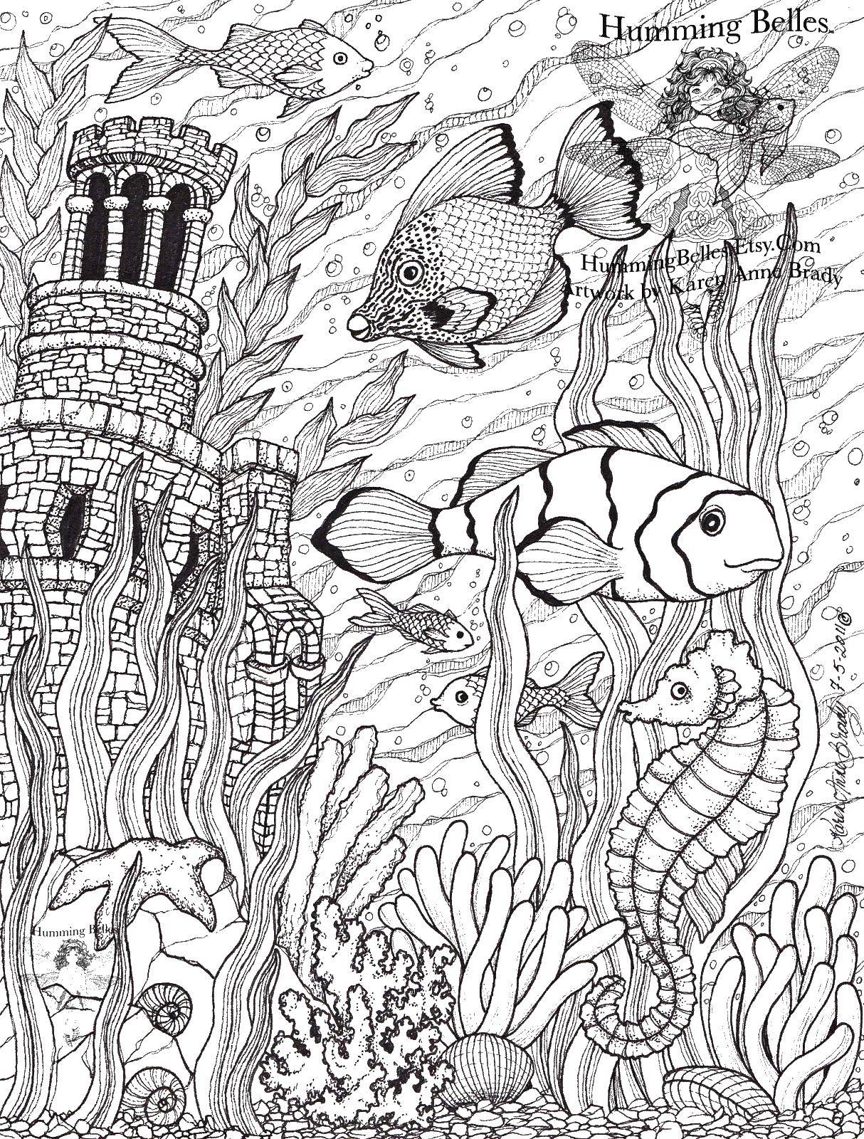 Розмальовки  Рибки і феї. Завантажити розмальовку морський світ, фея, рибки.  Роздрукувати ,Морський світ,