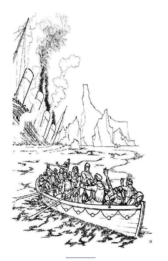 Розмальовки  Потопаючий "титанік" і люди на човні. Завантажити розмальовку титанік, люди, човен.  Роздрукувати ,Титанік,