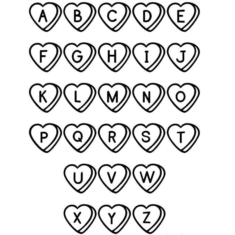 Название: Раскраска Английский алфавит в сердечках. Категория: Английский алфавит. Теги: Алфавит, буквы, слова.