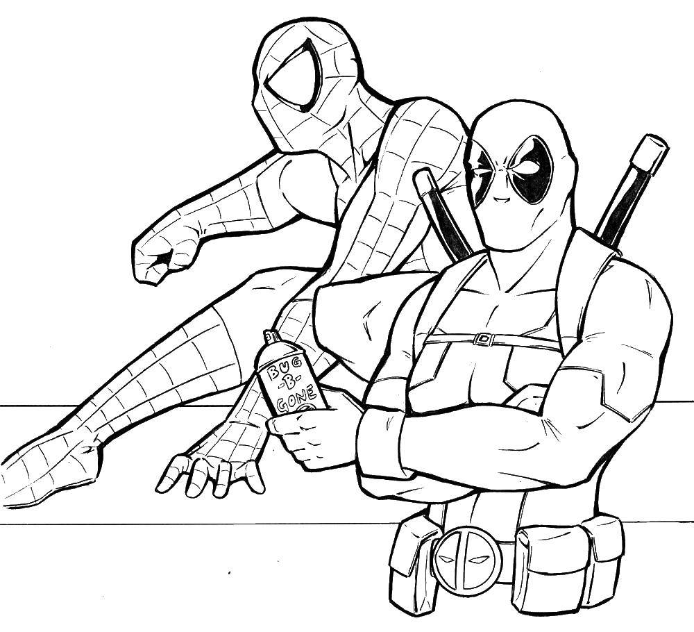 Coloring Deadpool and spider-man. Category deadpool. Tags:  deadpool, Spiderman, masks.