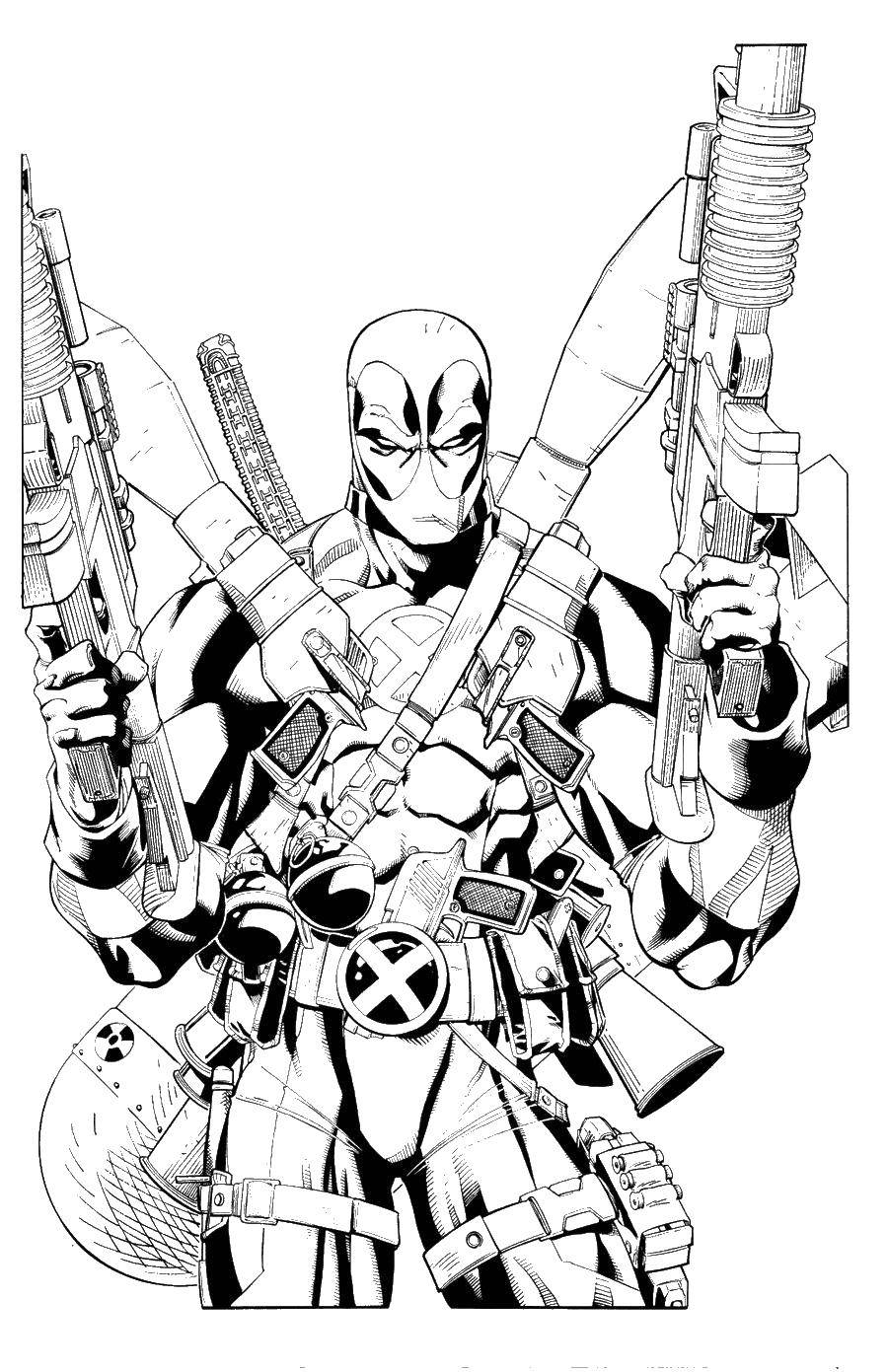 Coloring Deadpool with guns. Category deadpool. Tags:  deadpool, movies, machines.