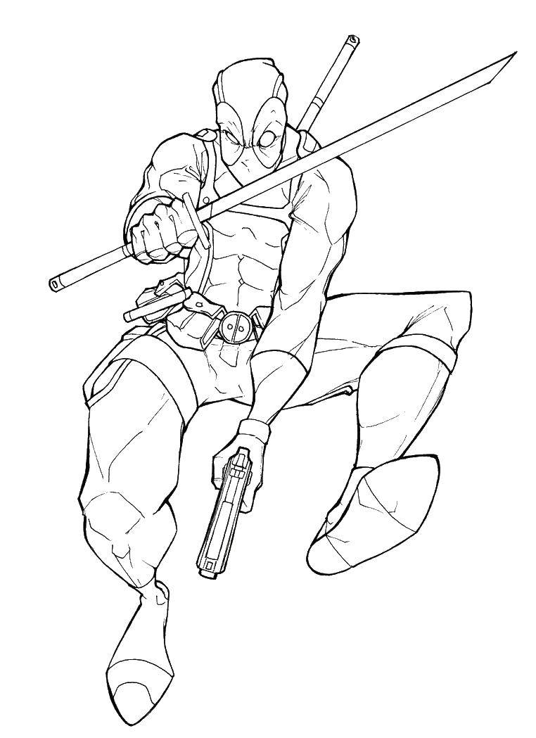 Coloring Deadpool with a sword. Category deadpool. Tags:  deadpool, gun, mask.