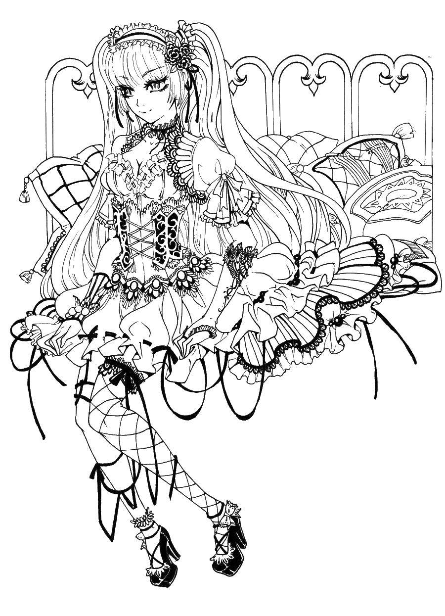Название: Раскраска Девочка аниме в красивом платье. Категория: аниме. Теги: аниме, девочка, платье.