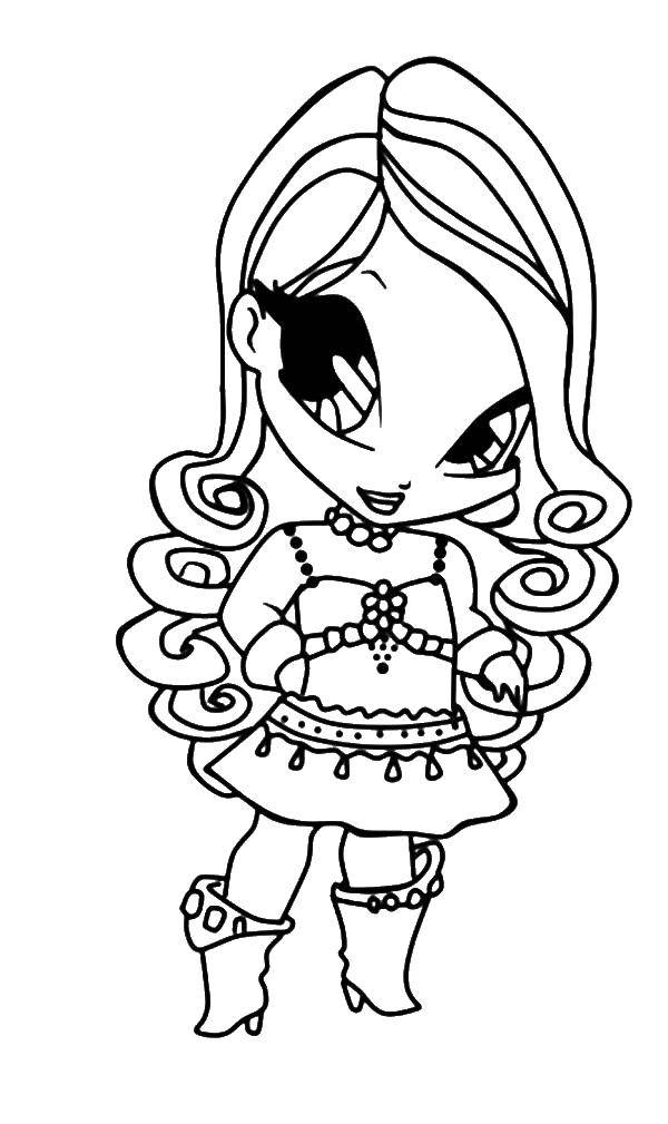 Coloring Little girl doll in beautiful outfit. Category coloring pages for girls. Tags:  girls, Barbie, doll, dress.