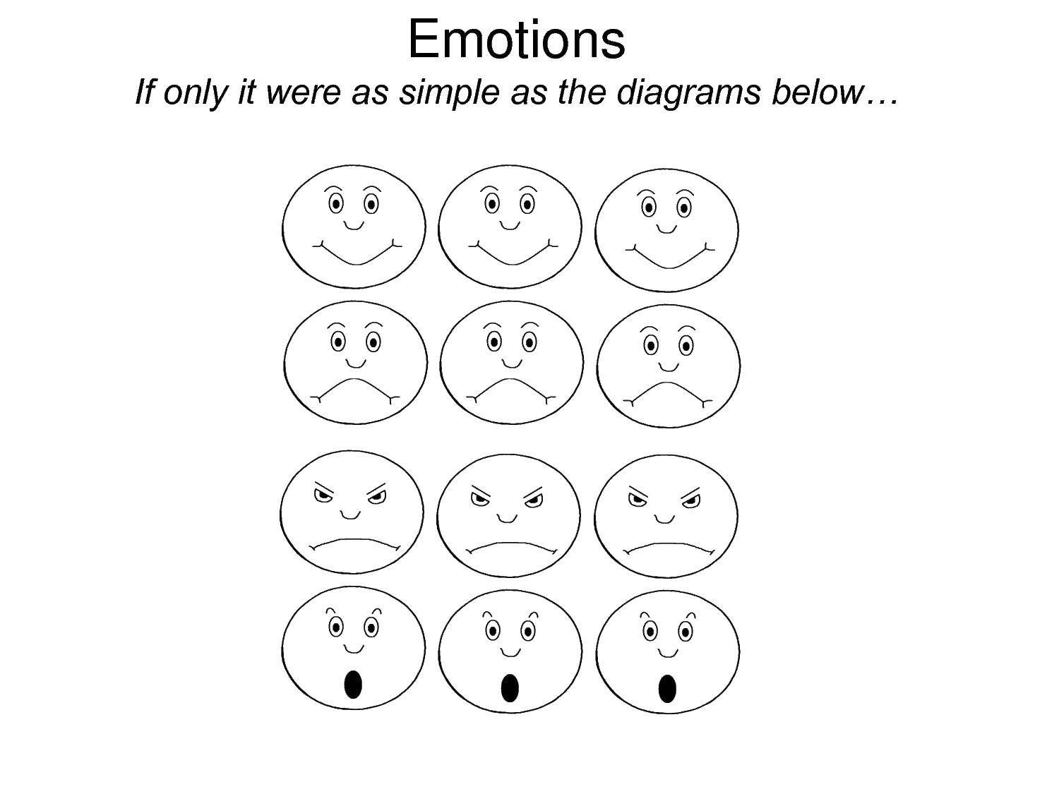 Название: Раскраска Эмоции на смайликах. Категория: Эмоции. Теги: эмоции, смайлики, смайлы.