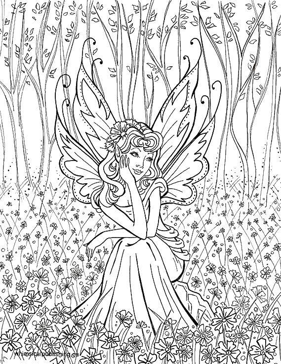 Coloring Fairy in the forest. Category fairies. Tags:  fairies, forest, flowers.