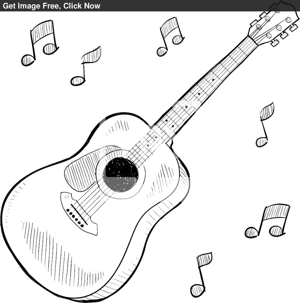 Coloring Guitar and music notes. Category Electric guitar. Tags:  guitar, strings, sheet music.