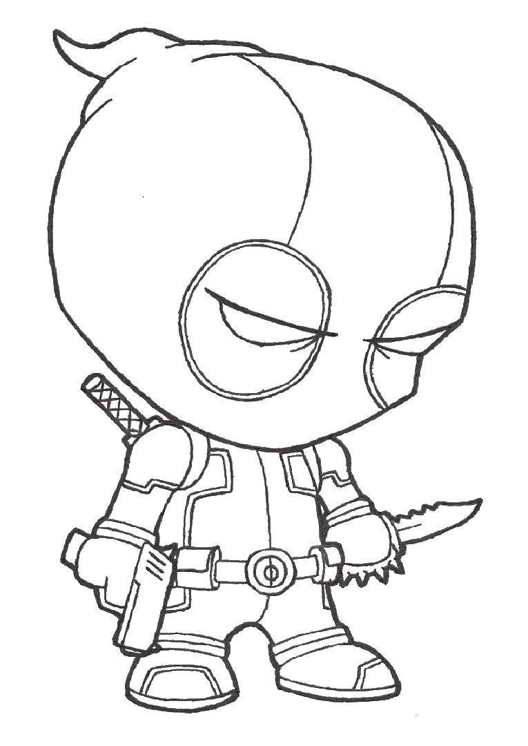 Название: Раскраска Маленький дэдпул с ножом и пистолетом. Категория: дэдпул. Теги: дэдпул, супергерой.