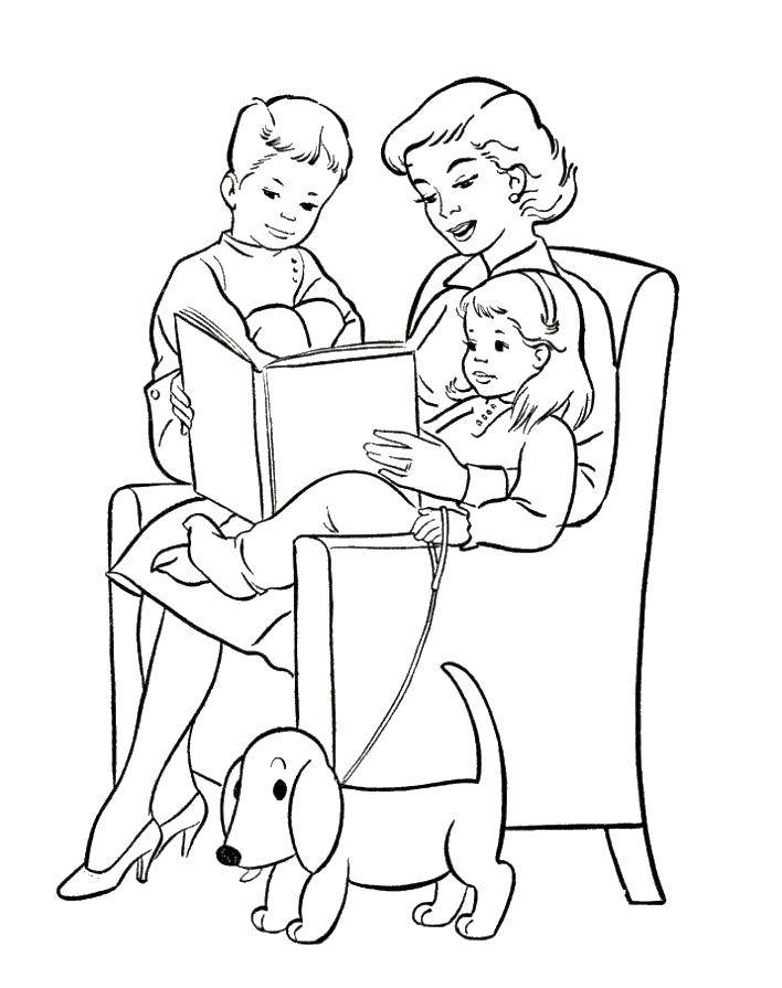 Coloring Mom reading to daughter and son. Category book. Tags:  Family, parents, children.