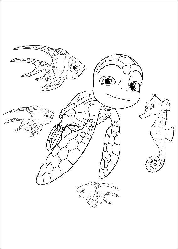 Название: Раскраска Персонажи из мультфильма  русалочка . Категория: Диснеевские мультфильмы. Теги: Подводный мир, рыба, черепашка, морской конёк.