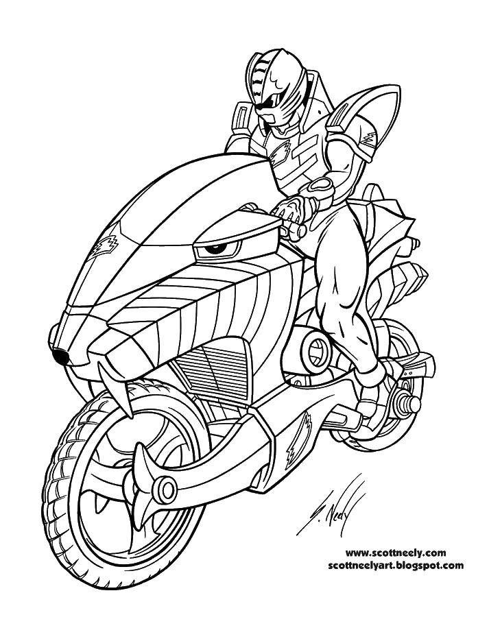 Название: Раскраска Рейнджер на мотоцикле. Категория: рейнджеры. Теги: рейнджер , костюм, шлем, мотоцикл.