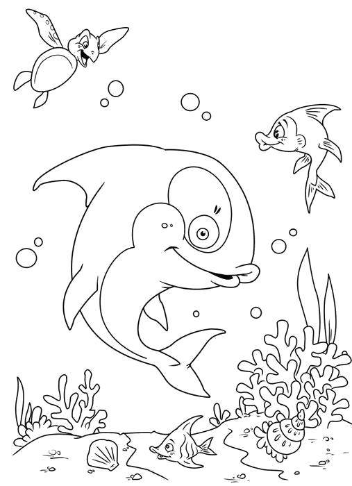 Coloring Fish and turtle swim under water. Category marine. Tags:  Underwater world, fish, turtle.