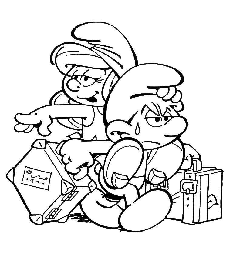Coloring Smurfette cartoon with suitcases. Category Smurfs. Tags:  smurfette.