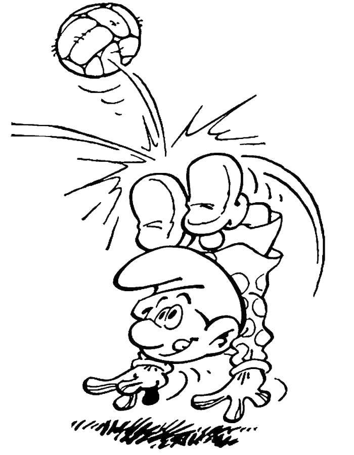 Coloring Smurf playing football. Category Coloring pages for kids. Tags:  kids, sports, soccer, Smurfs.