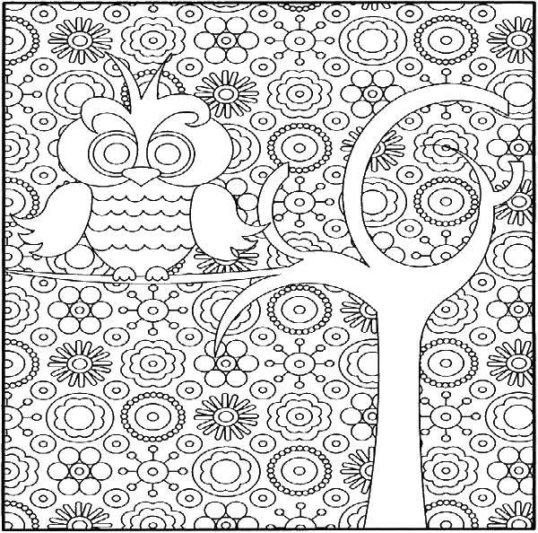 Название: Раскраска Сова на ветке дерева. Категория: Сложный дизайн. Теги: сова, дерево, узоры.