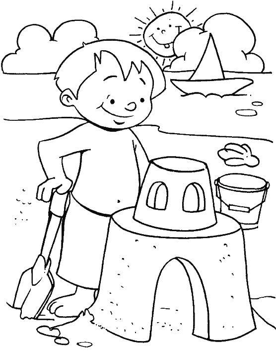 Название: Раскраска Строим песчаный замок. Категория: Лето. Теги: Пляж, дети, игры, замок из песка.