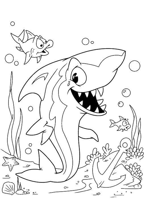 Название: Раскраска Весёлая акула с рыбками. Категория: морское. Теги: Подводный мир, рыбы, акула, якорь, пузыри.