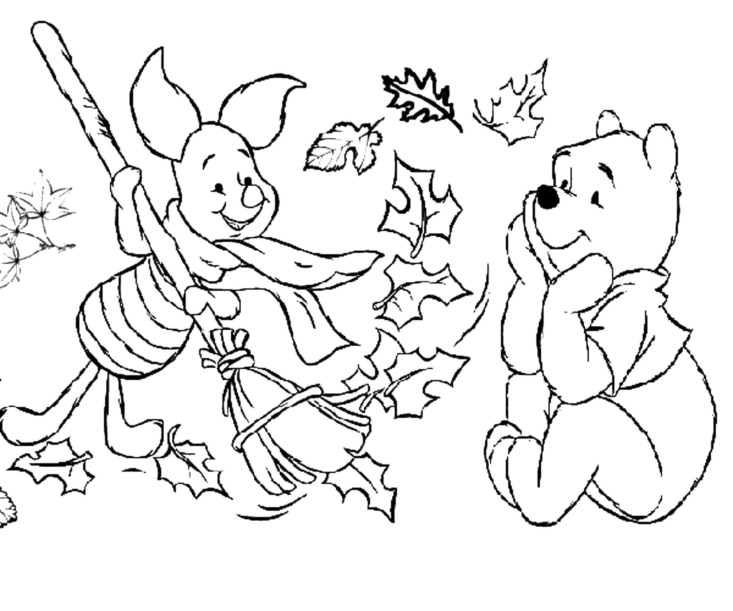 Coloring Winnie and Piglet collect leaves. Category Autumn leaves falling. Tags:  Winnie, Piglet, broom, leaves.