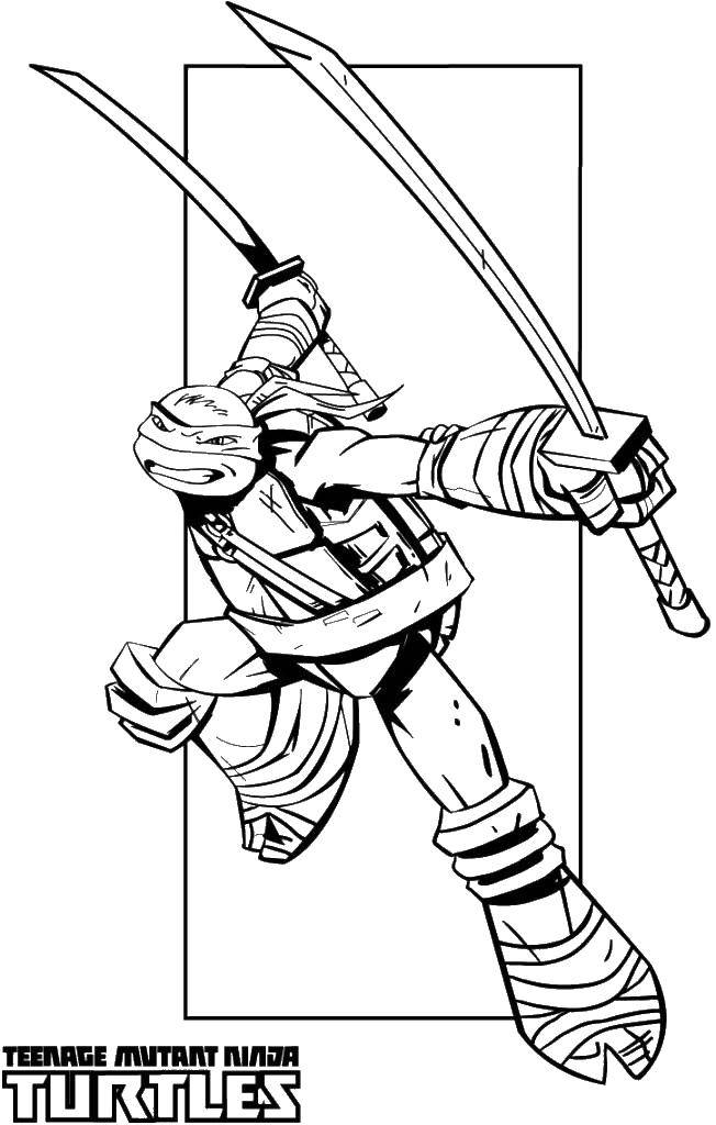 Розмальовки  Черепашка ніндзя з двома мечами. Завантажити розмальовку мультфільми, черепашки ніндзя, мечі.  Роздрукувати ,ніндзя,