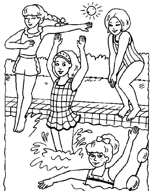 Розмальовки  Дівчатка стрибають у басейн. Завантажити розмальовку Діти, дівчинка.  Роздрукувати ,діти,
