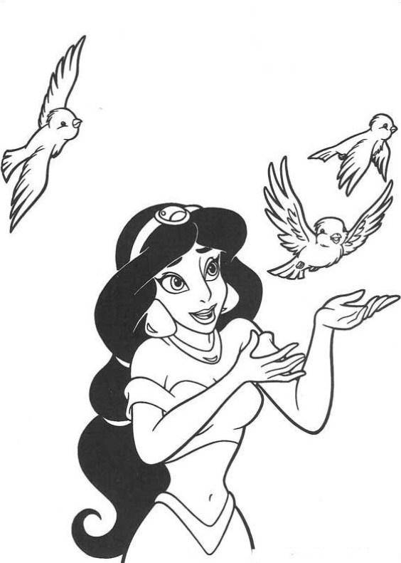 Розмальовки  Жасмин з птахами. Завантажити розмальовку принцеса, Жасмин, птиці.  Роздрукувати ,килим літак,