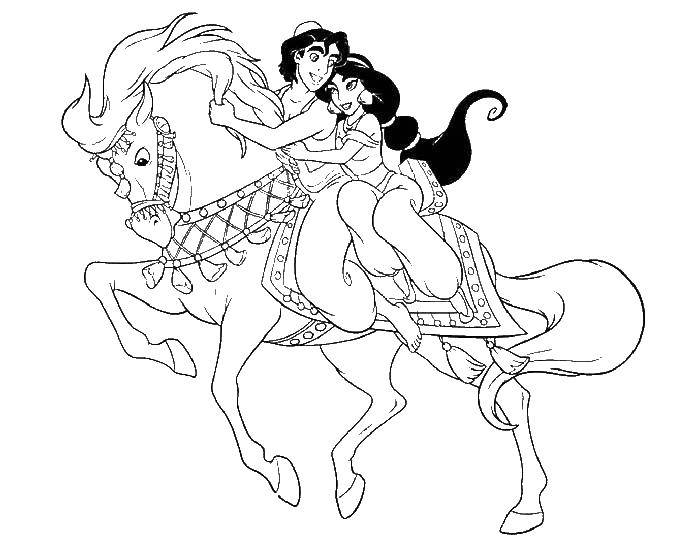 Название: Раскраска Аладдин и жасмин на коне. Категория: Диснеевские мультфильмы. Теги: Аладдин, Жасмин.