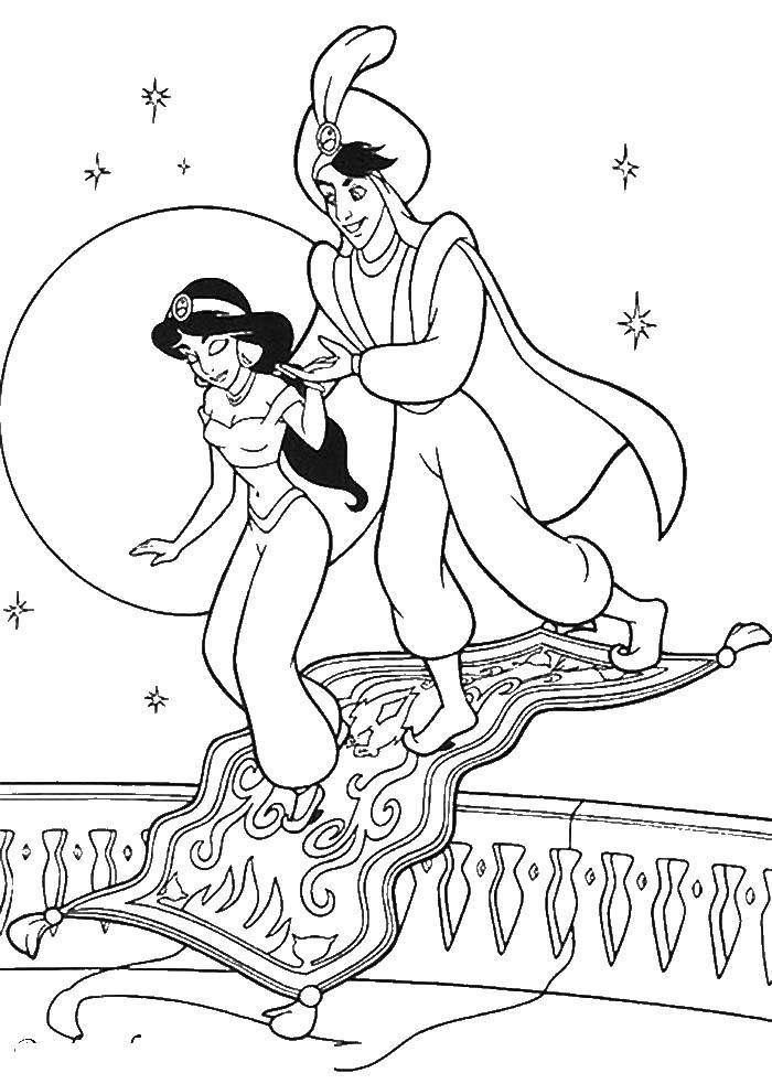 Coloring Aladdin and Jasmine descend from the carpet plane. Category Disney cartoons. Tags:  Disney cartoons, Aladdin.