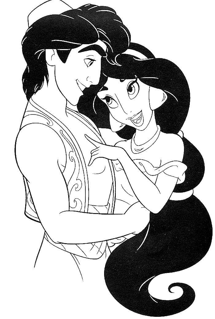 Coloring Aladdin hugging Jasmine. Category Disney cartoons. Tags:  Disney cartoons, Aladdin, Jasmine.