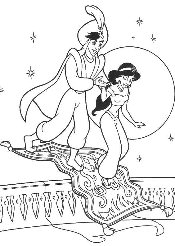 Coloring Aladdin and Jasmine on the carpet plane. Category the carpet plane. Tags:  Jasmine, Aladdin, cartoons, .