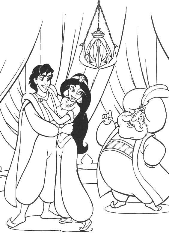 Coloring Aladdin hugging Jasmine. Category the carpet plane. Tags:  Jasmine, Aladdin, cartoons.
