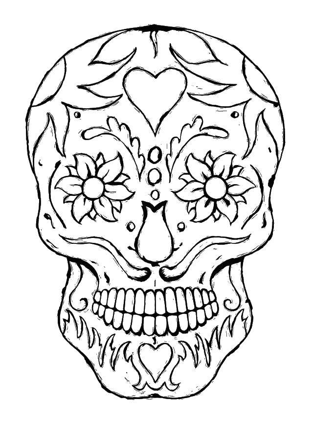 Coloring Skull with flowers and flames. Category Skull. Tags:  skull, flame, flowers.