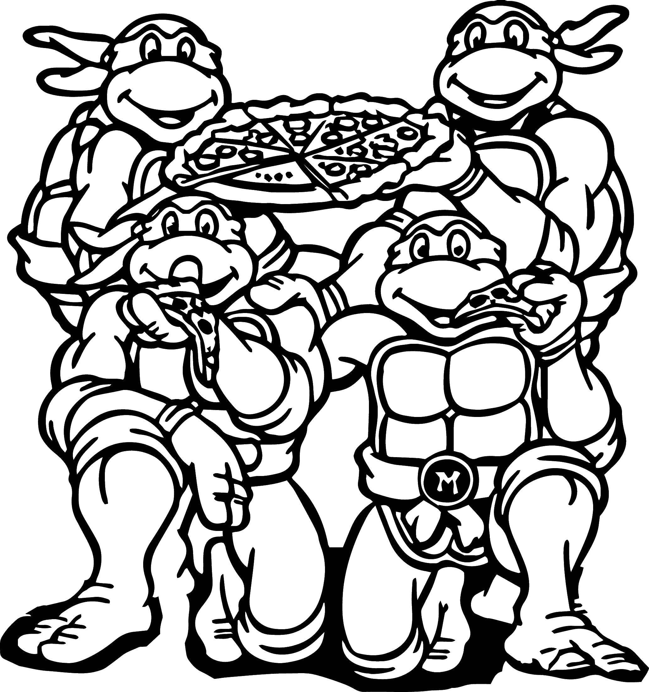 Название: Раскраска Черепашки ниндзя едят пиццу. Категория: ниндзя. Теги: черепашки ниндзя, пицца, черепашки.