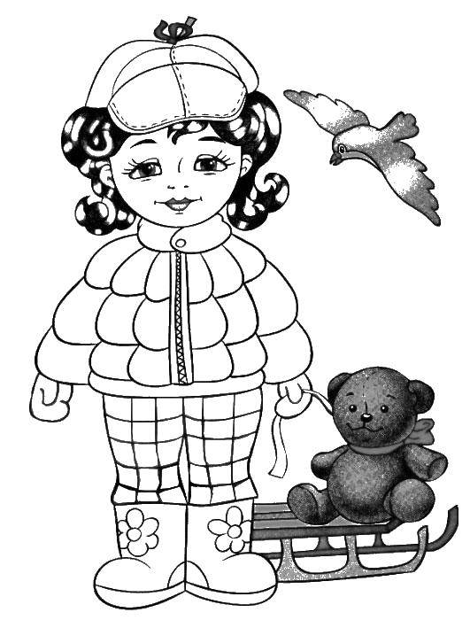 Название: Раскраска Девочка с санками и мишкой. Категория: раскраски. Теги: девочка, сани, мишка.