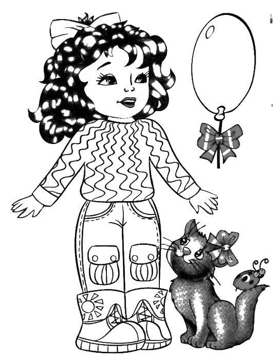 Название: Раскраска Девочка с шариком и кошкой. Категория: раскраски. Теги: девочка, кошка.