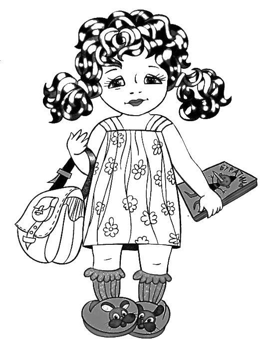 Название: Раскраска Девочка с сумкой и книгой. Категория: раскраски. Теги: девочка, сумка, книга.