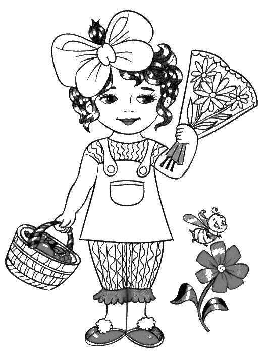Название: Раскраска Девочка с цветами и корзиной. Категория: раскраски. Теги: девочка, цветы.