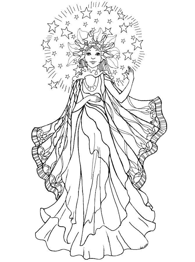 Coloring Girl in beautiful dress. Category Fantasy. Tags:  fantasy, fairy, dress.
