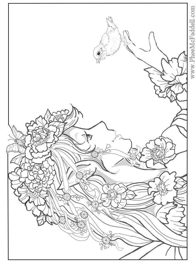 Coloring Girl in flowers with a bird. Category Fantasy. Tags:  fantasy, flowers, bird.