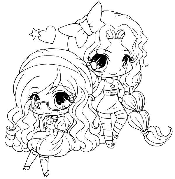 Coloring Two girls with long hair. Category For girls. Tags:  girls hair bow, glasses.