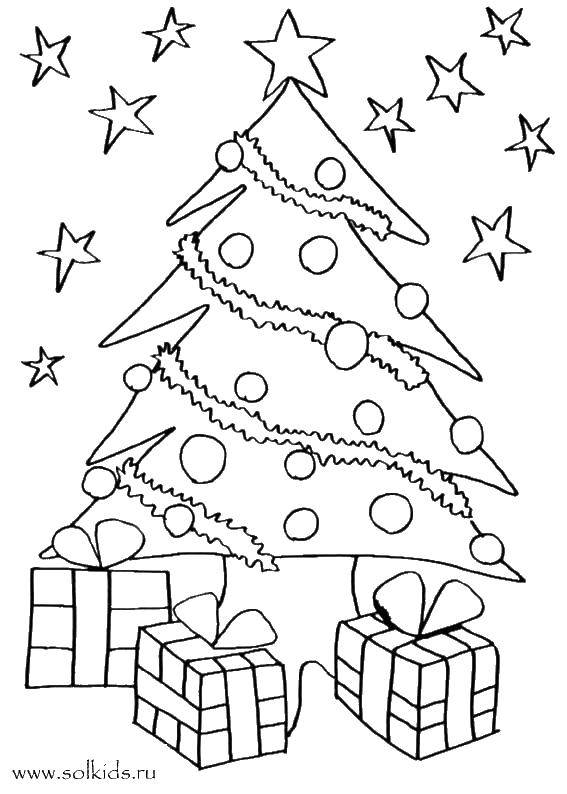 Название: Раскраска Елка, звезды, подарки. Категория: новогодняя елка. Теги: Рождество, елка, Новый год.