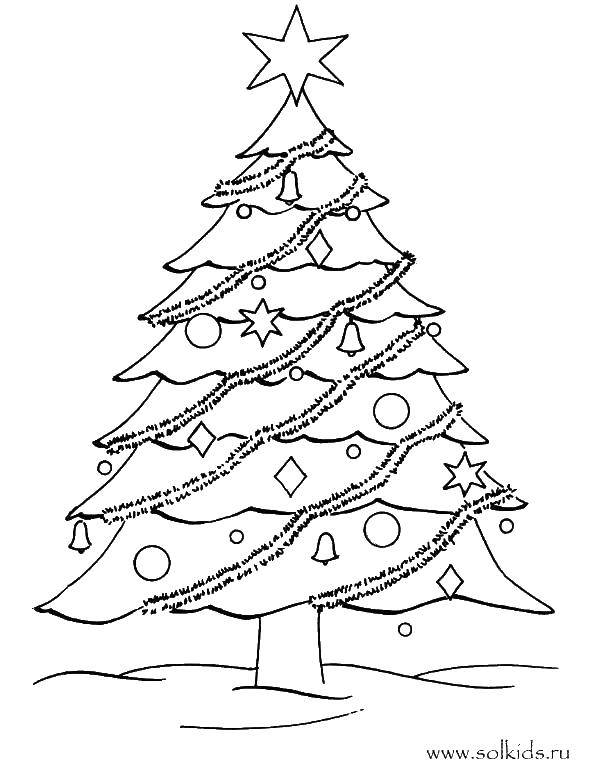Название: Раскраска Елочка с мишурой и украшениями. Категория: новогодняя елка. Теги: Рождество, елка, Новый год.