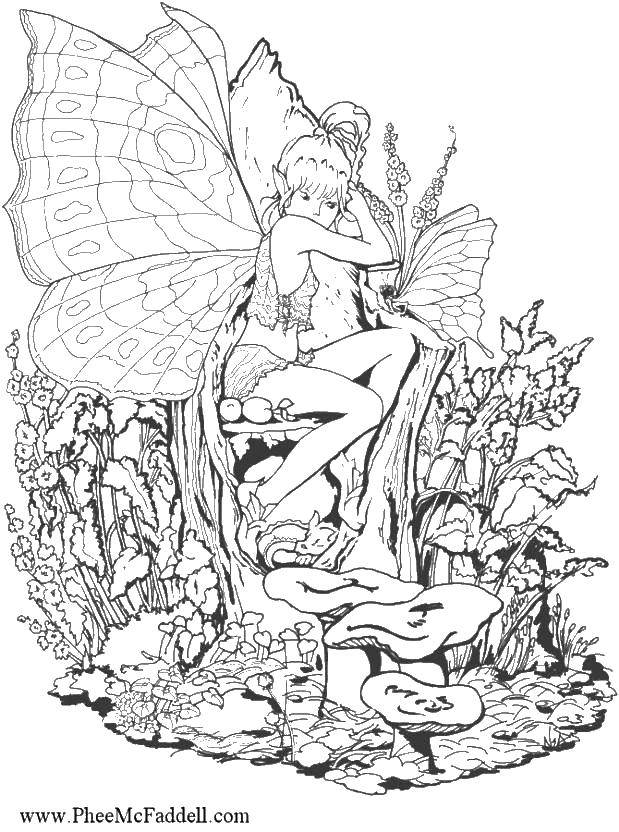 Название: Раскраска Фэнтази фея. Категория: Фэнтези. Теги: природа, бабочка, феи, фэнтези.
