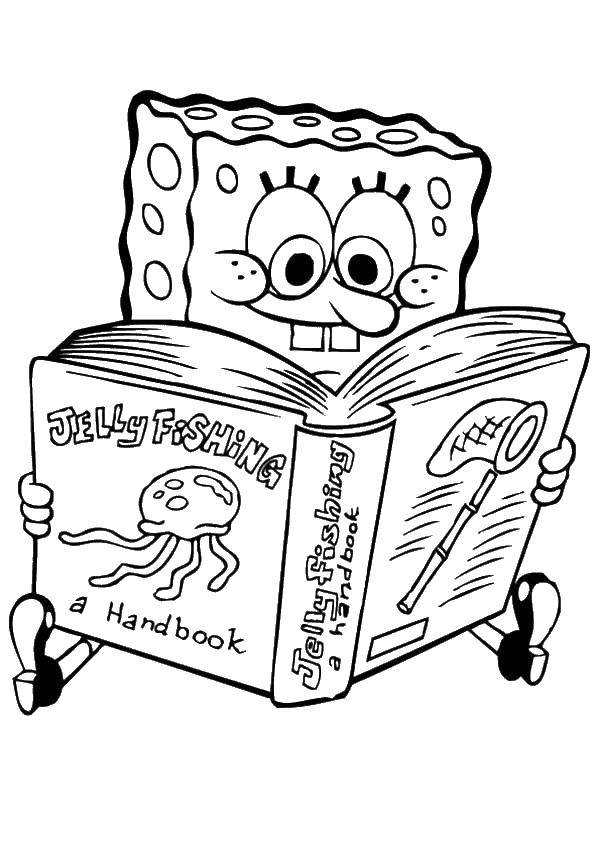 Название: Раскраска Губкабоб читает книгу о ловле медуз. Категория: Персонаж из мультфильма. Теги: мультфильмы, мультики, спанчбоб, губкабоб.