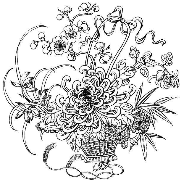 Название: Раскраска Корзина с разными цветами. Категория: цветы. Теги: цветы, листья, корзины.