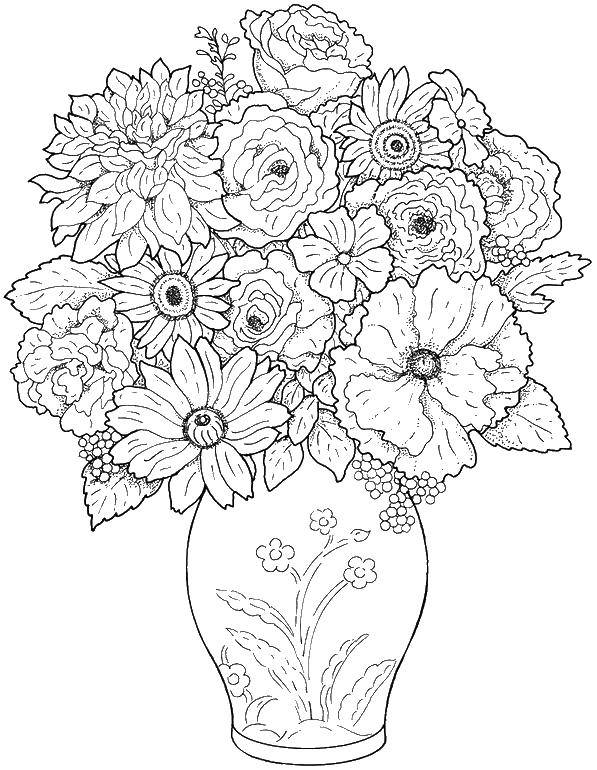 Название: Раскраска Красивая ваза с большим количеством цветов. Категория: цветы. Теги: цветы, ваза, .