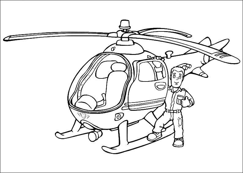 Название: Раскраска Летчик садится на вертолет. Категория: раскраски. Теги: летчик, самолеты, вертолет.