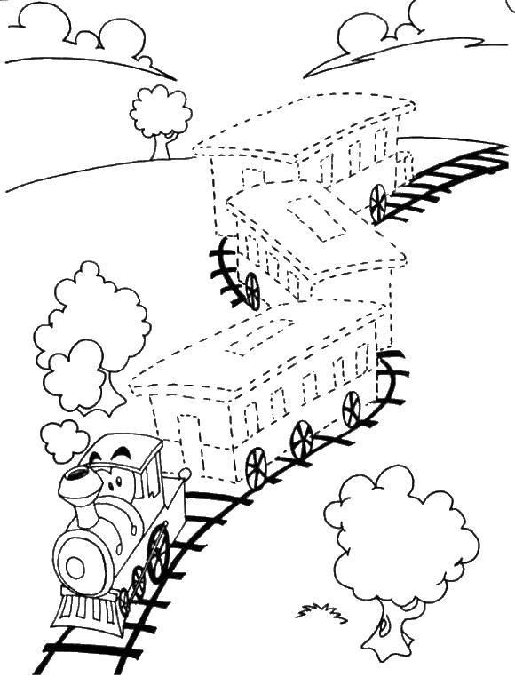 Название: Раскраска Обведи по точкам поезд с вагонами. Категория: раскраски. Теги: обведи по точкам , вагон.