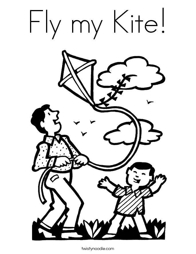 Название: Раскраска Папа с сыном играют с воздушным змеем. Категория: воздушный змей. Теги: воздушный змей, игры, семья.