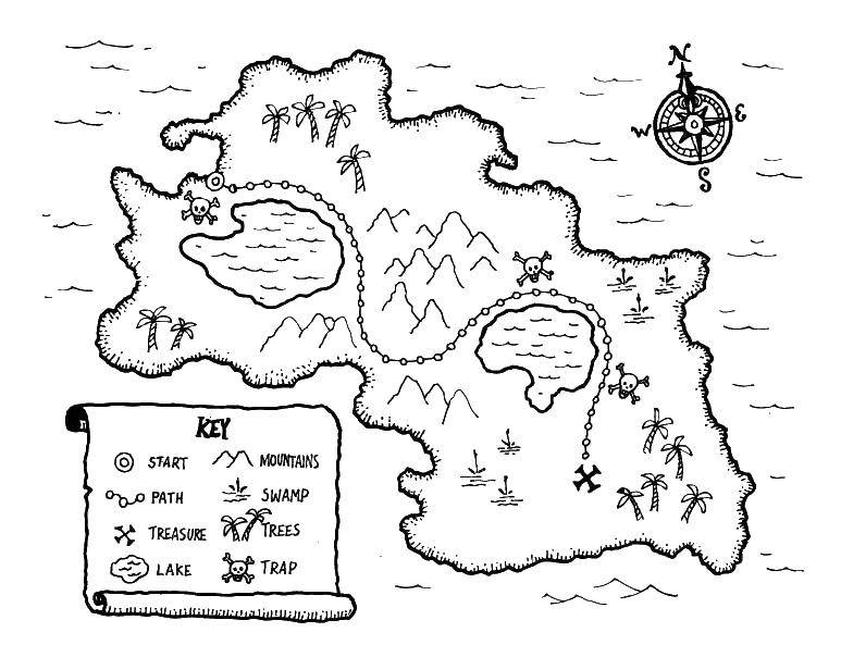 Название: Раскраска Пиратская карта. Категория: Карты. Теги: карта, компас, пираты.